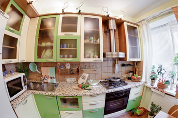 Green Kitchen interior with many utensils and window