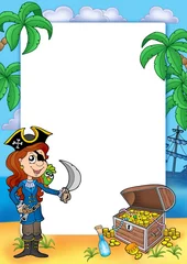 Stickers meubles Pirates Cadre avec fille pirate et trésor 2