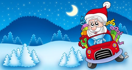 Landscape with Santa Claus driving car