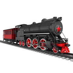 Steam locomotive with red car isolated on white