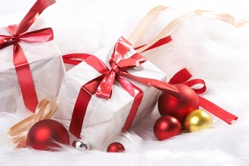 Christmas gift with tapes, new year ornaments