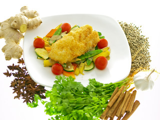 breaded meat with vegetables