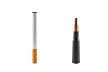 Cigarette and bullet isolated on white