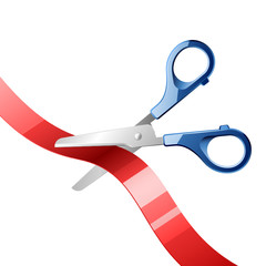Scissors cutting red ribbon. Vector.