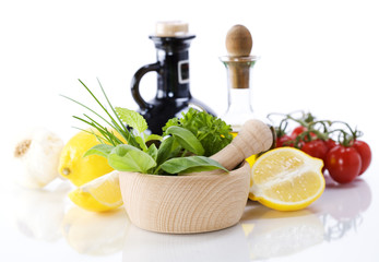 Olive oil, vinegar, Healing herbs and vegetables