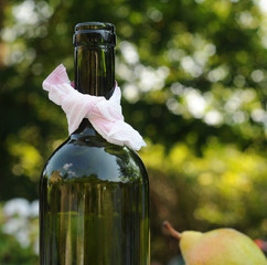Still life of empty winebottle and pear