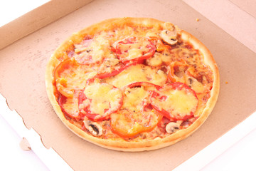 Tasty pizza in box isolated on white