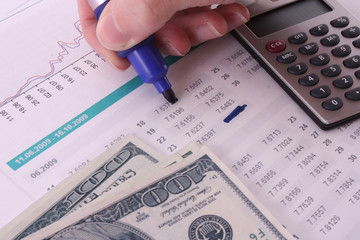 Fototapeta premium Some financial things - calculator, money, digits, charts