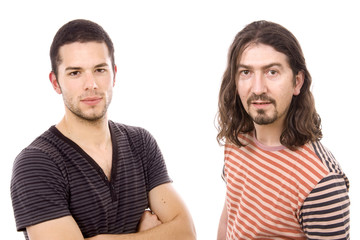 Two casual men posing, isolated over white background