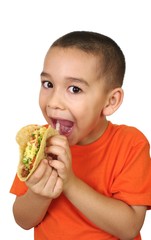 boy with a taco, isolated on white