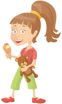 Happy girl with icecream and teddy-bear