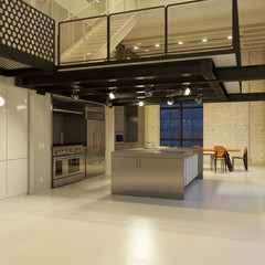 Contemporary steel kitchen in converted industrial loft - obrazy, fototapety, plakaty
