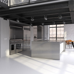 Modern steel kitchen in converted industrial loft