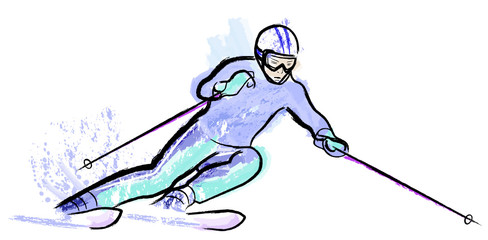 skifahrer in trockenem kreidekohlestift und aquarell