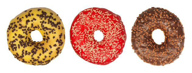 Collection of three colored donuts isolated on white