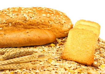 Bread and baguette with wheat and cereals.