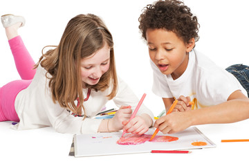 interracial  children drawing together, isolated on white backgr