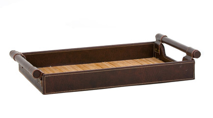 wooden tray over white background