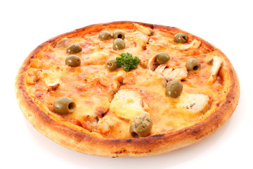 Tasty pizza with olives isolated on white