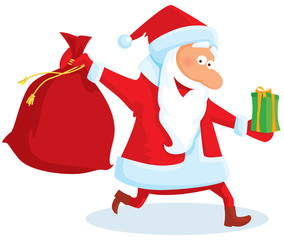 Running santa with a bag and gifts