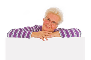 woman holding a blank over white background