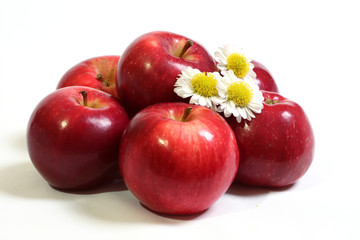 Juicy, ripe, red apples with the flowers of camomile.