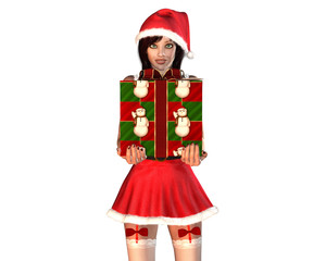 Santa helper girl in red with gift box