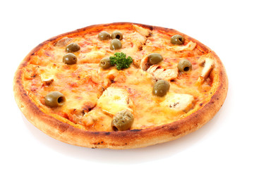 Tasty pizza with olives isolated on white
