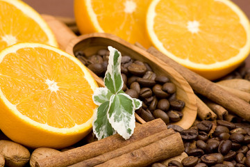 orange, coffee, cinnamon and almonds