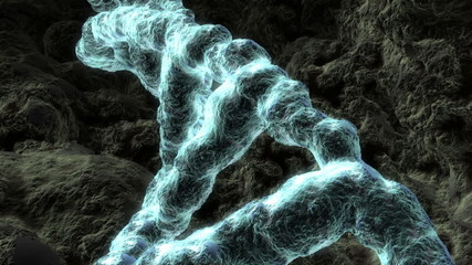 Three dimensional animation of a DNA strand revolving.