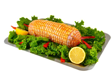 Chicken rolled meat enclosed in tied netting