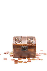 A wooden ancient chest full of money..