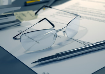 Glasses on office table (high-quality pure 3D render)