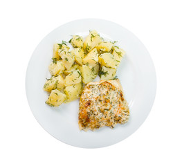 baked meat with potatoes .isolated on white background