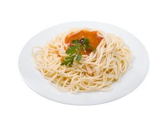 Spaghetti with tomato sauce and parsley.