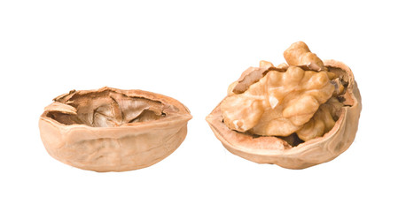 Cracked walnuts isolated on white background