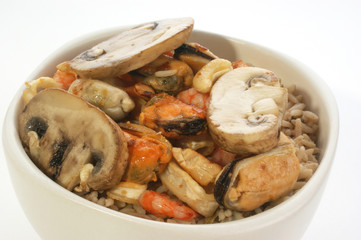 rice bowl with mussel and organic mushroom