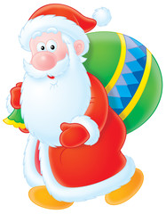 Santa Claus walks holding the bag with Christmas gifts