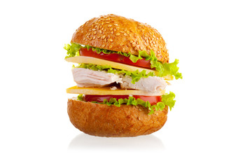 Sandwich with the chicken, cheese and vegetables.