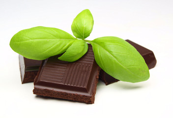 Chocolate pieces with basil leaves isolated on white