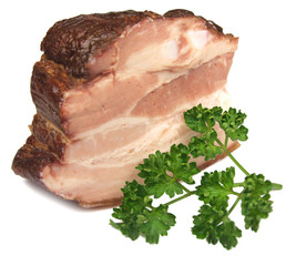 Smoked meat with parsley isolated on white