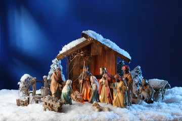 weihnachten krippe im schnee - obrazy, fototapety, plakaty
