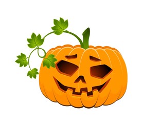 The carved face of pumpkin glowing on Halloween