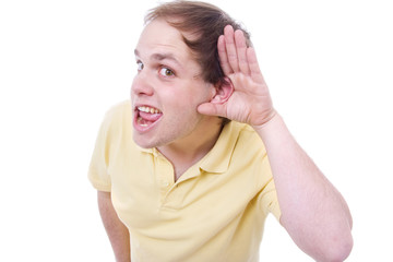 portrait of young casual man which overhears conversation