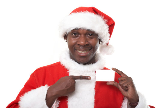 Happy Black Santa Claus Holding A Business Card