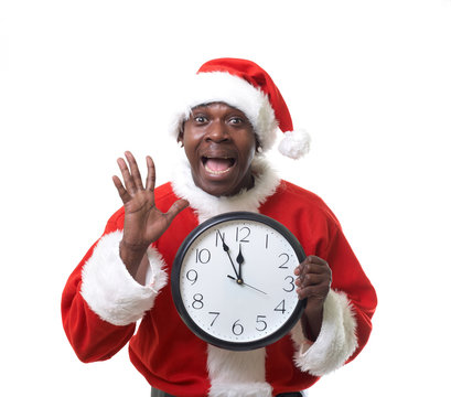 black santa claus holding a clock