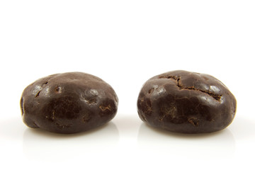 Two chocolate ginger nuts in closeup over white background