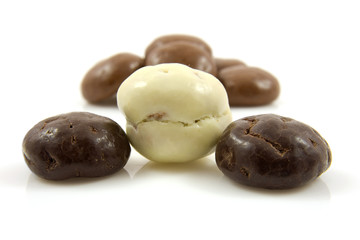 Couple of chocolate ginger nuts in closeup over white background
