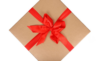golden big box with red ribbon with bow