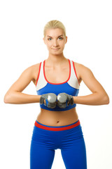Fitness trainer with two dumbbells.